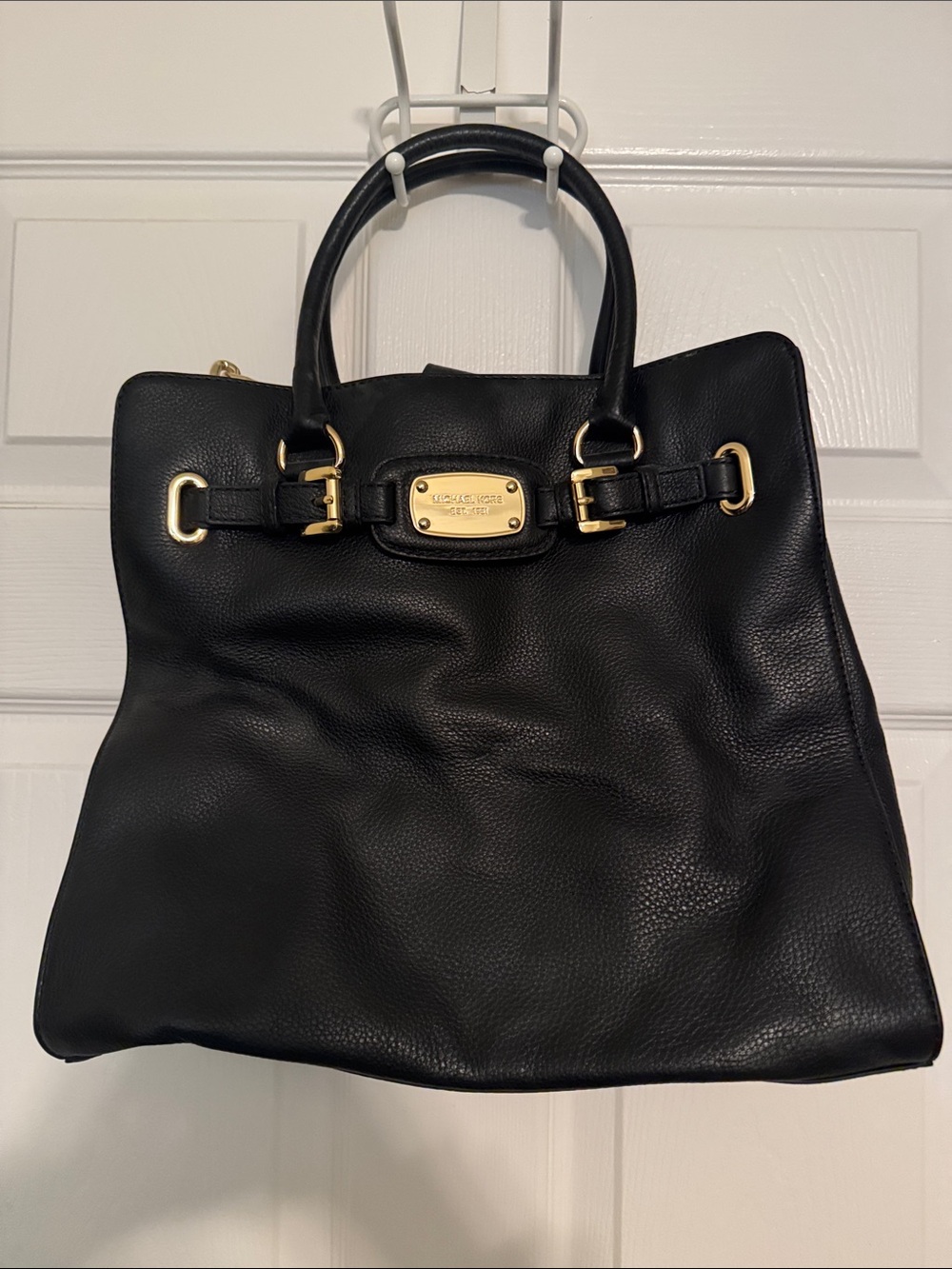 Michael Kors Black Leather Tote with Gold Plaque